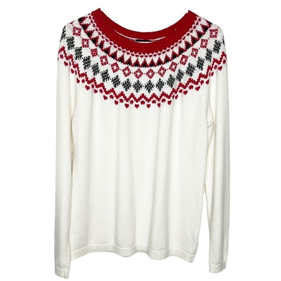 Talbots Alpine Fair Isle Sweater Women's Medium Red and White Pullover Soft Cozy - Picture 1 of 5